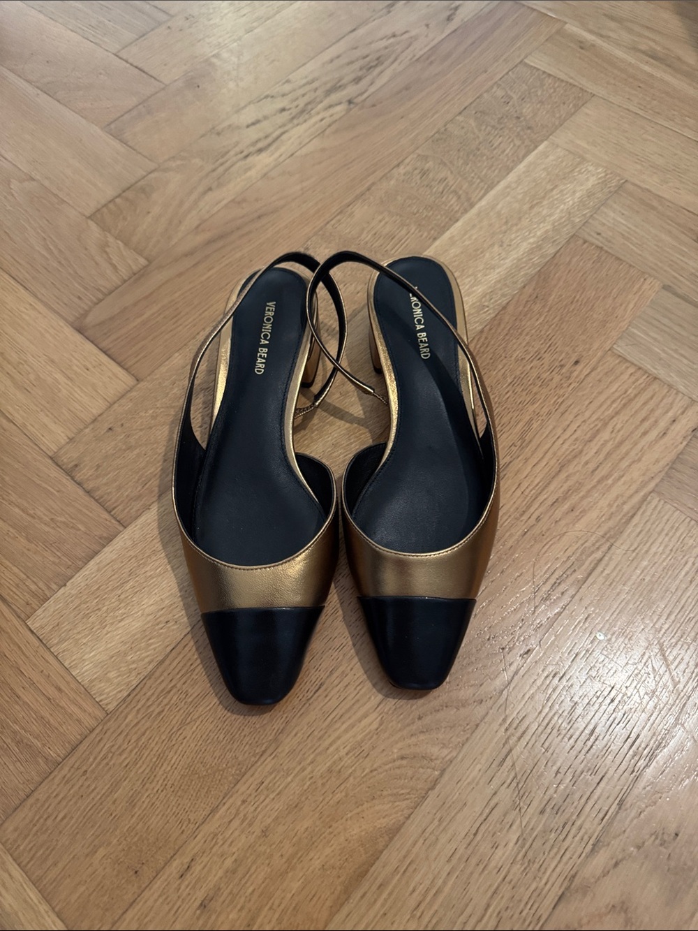 Veronica Beard Black and Gold Leather Slingback Mules